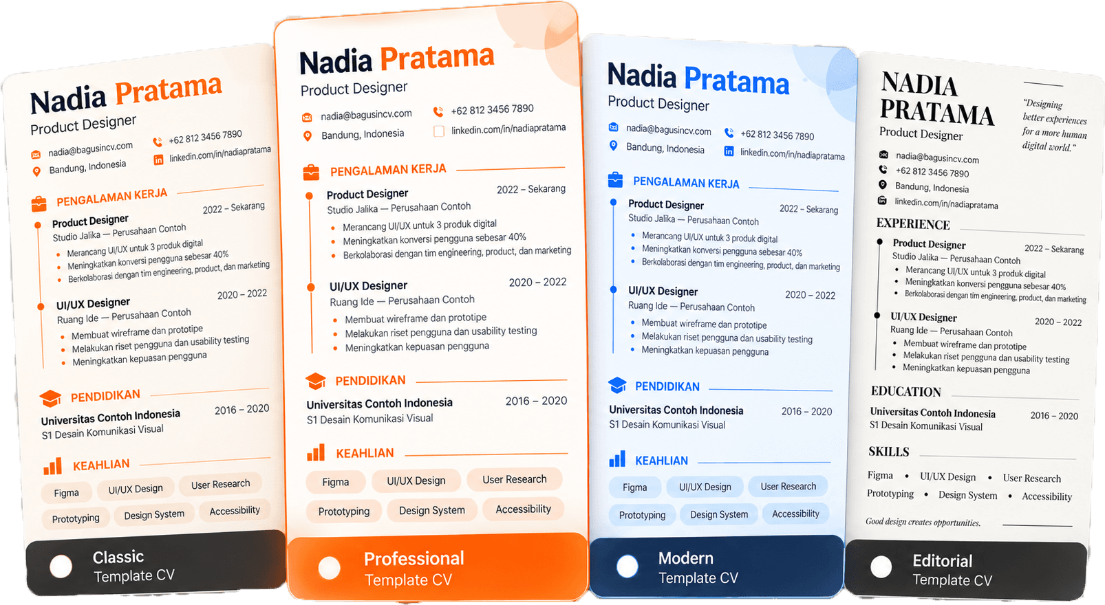 Empat contoh tampilan CV: Classic, Professional, Modern, dan Editorial